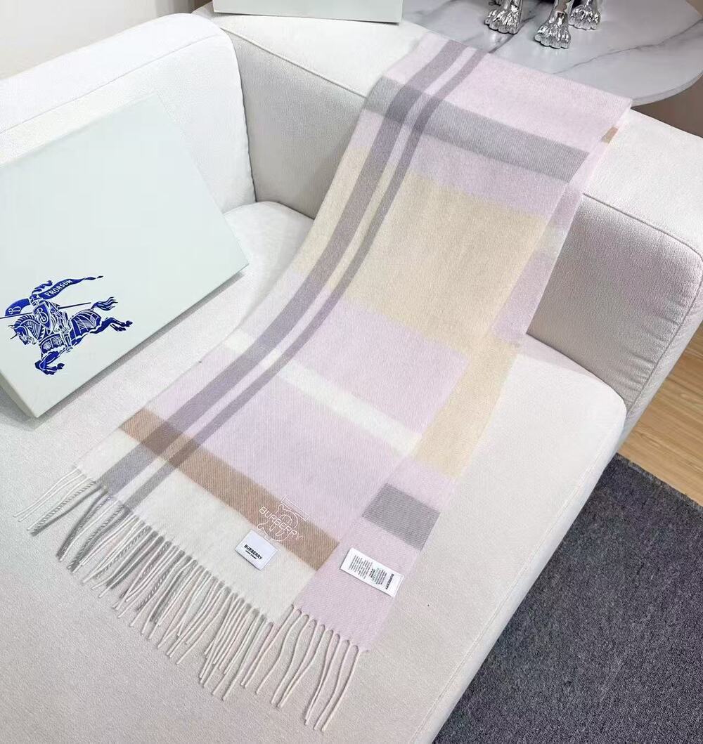 Burberry Pink Beige Plaid Check Fringe Scarf